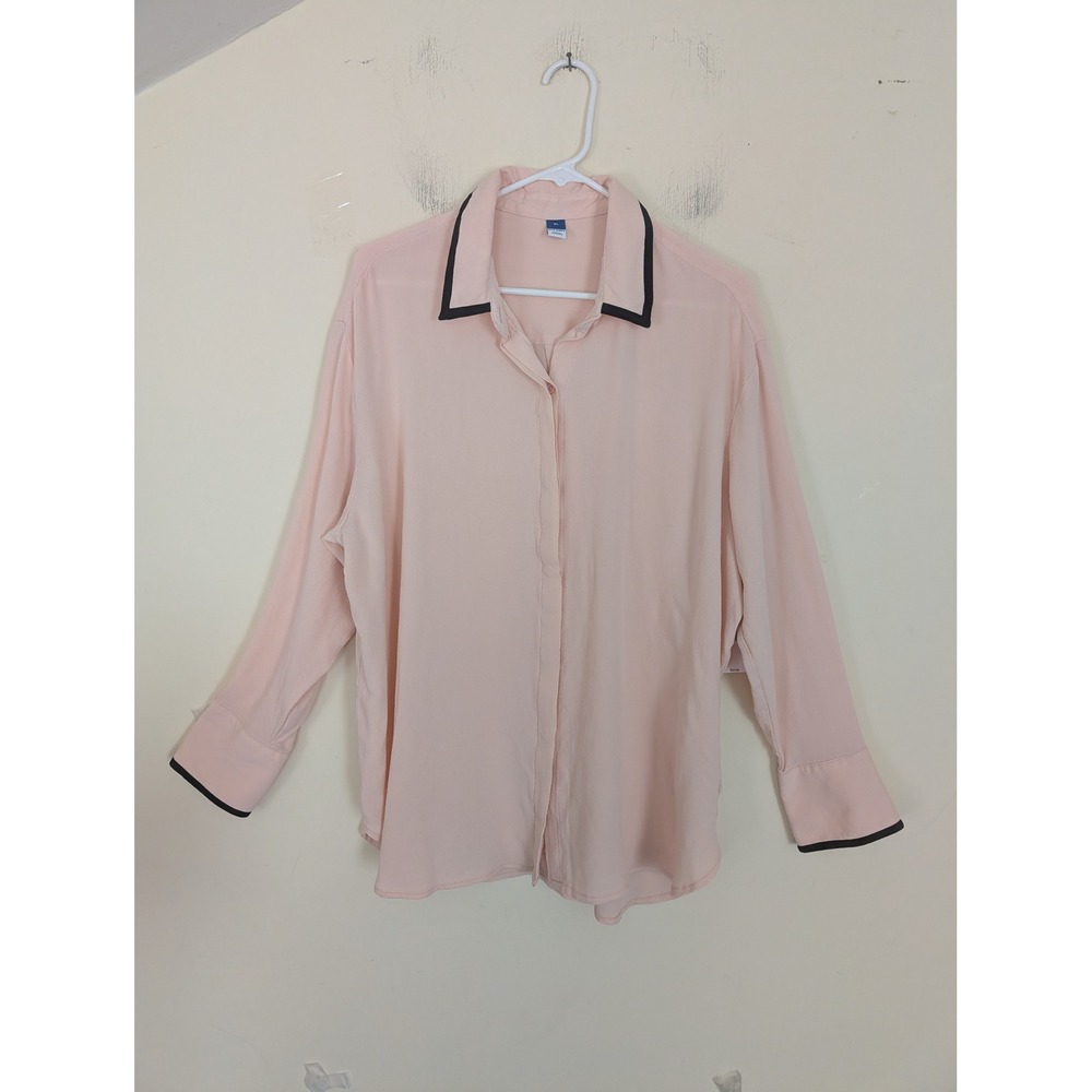 Old Navy Womens XL Peach Rayon Button Down Blouse Black Trim Long Sleeve NEW